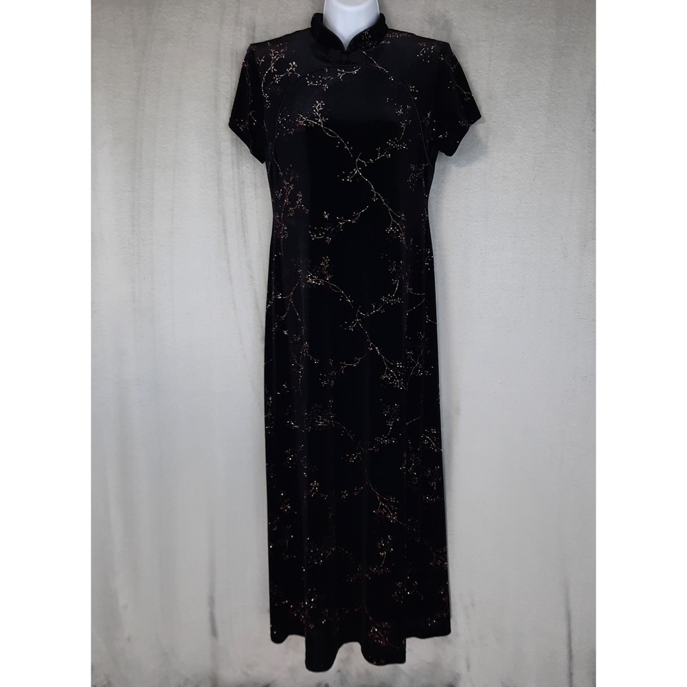 VTG Black Velvet Cheongsam Dress Womens 10P Pink Floral 90s Y2K Whimsigoth Qipao
